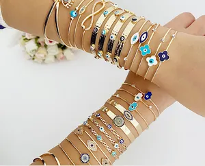 Bracelet réglable en acier inoxydable avec zircon personnalisé plaqué or 14K 18K Hamsa turque Hand Eye Bracelet