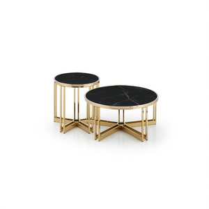 Set di Tavolini da Caffè Moderni con Piano in Marmo Nero e Struttura in Metallo Dorato, Arredamento per Soggiorno - Product Image 1