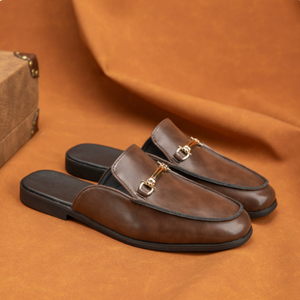 Men's Horsebit Buckle <b>Closed</b> Toe Mule Slippers Minimalist Backless Leather Slides <b>Sandals</b> for Young Men Daily Wear Casual - Product Image 2