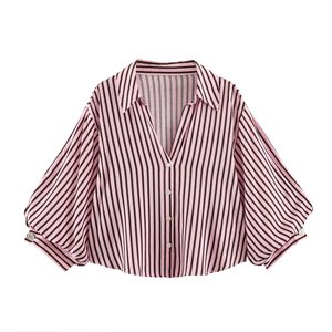 เสื้อเชิ้ตชีฟองลายทางสำหรับผู้หญิงพร้อมแขนบอลลูน คอปกติดกระดุม ทรงหลวม สวมใส่สบายๆ สำหรับฤดูใบไม้ผลิและฤดูร้อน - Product Image 1