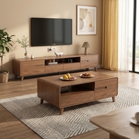Ensemble meuble TV et table basse pour salon avec armoire de rangement, style ethnique, en panneaux de particules