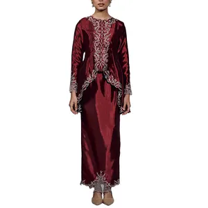 Factory Price Summer Muslim Dress crew neck from Malaysia Long Embossed and Digital Print Dress with Natural Waistline
