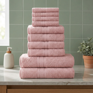 Ensemble de serviettes de bain en coton tissé éponge de couleur unie rose ORCHID - Séchage rapide, écologique et biologique - Product Image 1