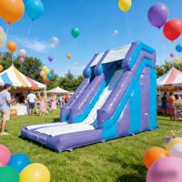 Toboggan gonflable géant en PVC éco-responsable à double voie, violet et bleu, pour enfants, usage commercial extérieur, capacité >500 kg, 6-12 ans
