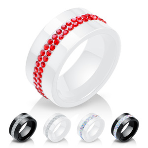 <b>Ceramic</b> Fashion <b>Ring</b> 10MM Double Row Rhinestone Inlay Unisex Jewelry Gift White Black Red AB Color Options - Product Image 1