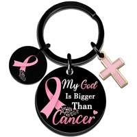 Porte-clés en forme de croix avec ruban rose, « Mon Dieu est plus grand que le cancer », en acier inoxydable, ornement religieux, cadeau de sensibilisation au cancer du sein