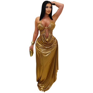XYZC7491 Vestido de <span class=keywords><strong>fiesta</strong></span> sexy con cuello Halter para mujer Vestido de <span class=keywords><strong>fiesta</strong></span> hasta el suelo con tela teñida lisa - Product Image 4