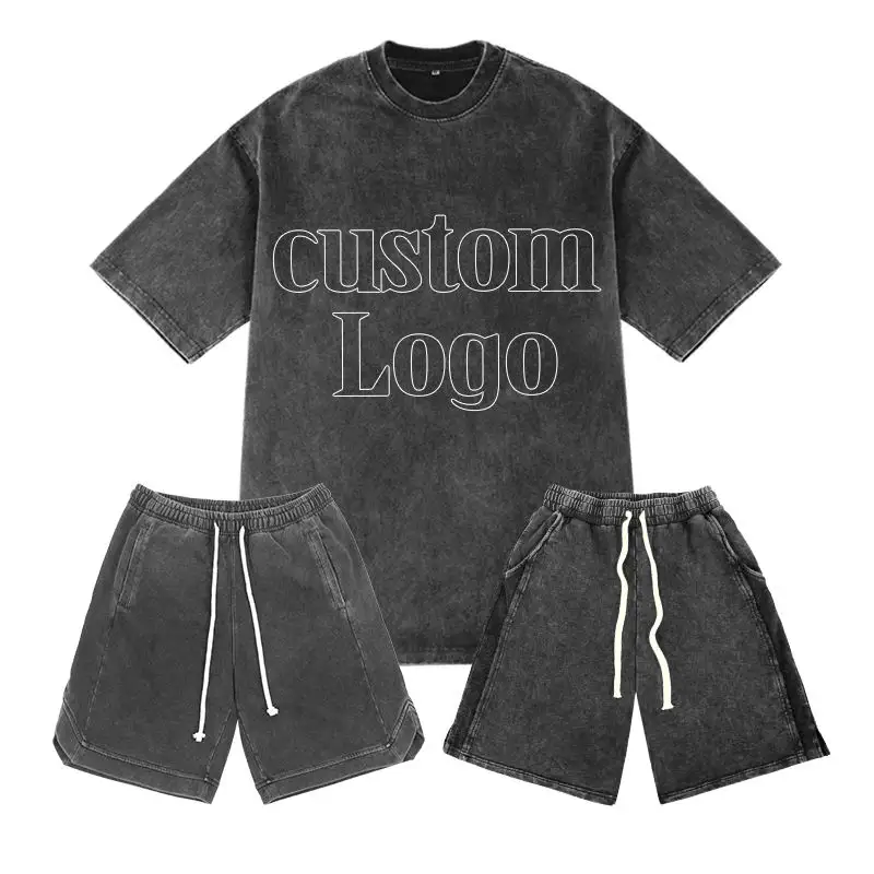 Custom Logo Design Two Piece Mens Summer Suit 2 Piece Acid Wash Shorts And T Shirt Set For Men