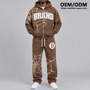 Set Felpa con Cappuccio e Zip da Uomo Fighting Ant Brown Washed, <span class=keywords><strong>Pantaloni</strong></span> <span class=keywords><strong>della</strong></span> <span class=keywords><strong>Tuta</strong></span> Larghi Ricamati con Grafica, Stile Y2K Streetwear, Partner di Approvvigionamento - Product Image 1
