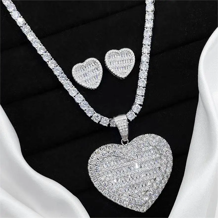 Foxi hip hop iced out gold silver cz necklace earrings heart jewelry sets