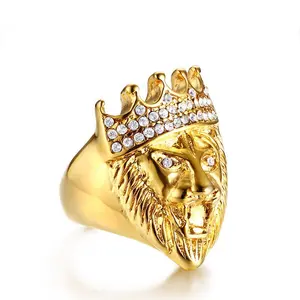 不锈钢动物水晶皇冠狮子王金戒指设计男士钻石嘻哈风首饰