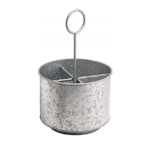 Galvanized Storage Caddy 4 Section Organizer Metal Countertop Utensil Holder With Metal Round Handle Silver Tin Plated Kitchen