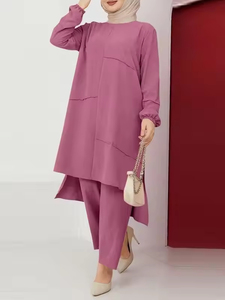 Ropa deportiva urbana de dos piezas para mujeres musulmanas, camisa elegante con mangas abullonadas, pantalones anchos a la moda. - Product Image 3