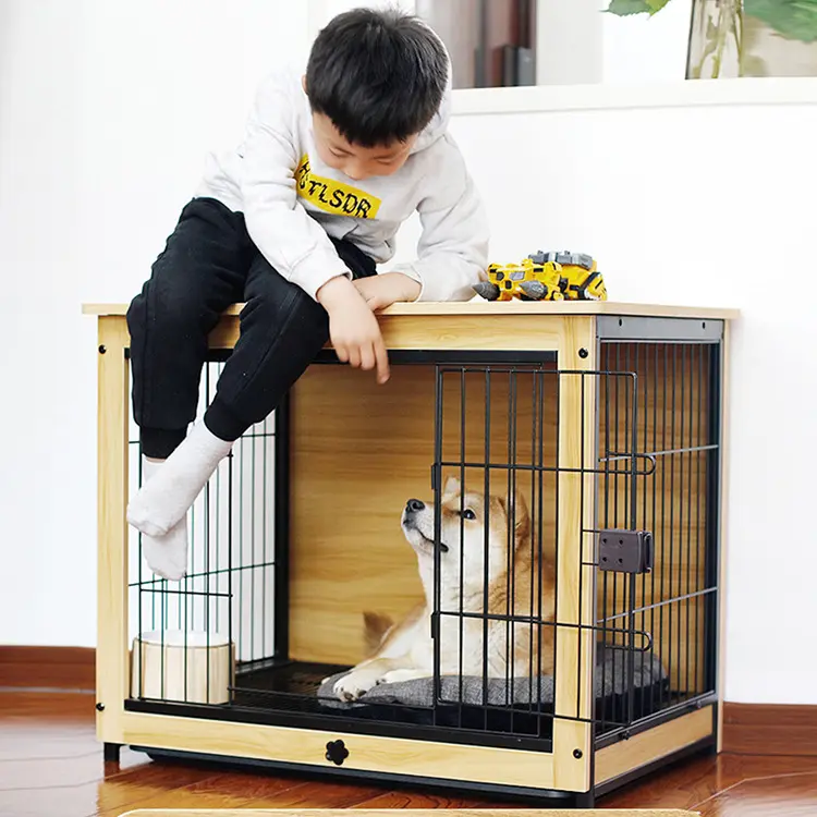 Large Dog Crate Furniture For 2 Dog Wood Dog Crate Cage Furniture With Removable Divider Sliding Door TV Stand Indoor Kennel