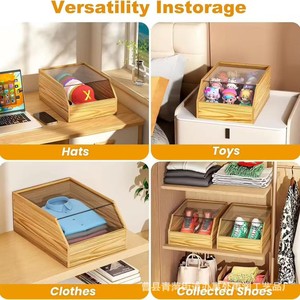 Wooden Transparent Lid Baseball Cap Storage Box Dustproof Desktop <b>Hat</b> Organizer Rectangle <b>Standing</b> Type Solid Color Clothing - Product Image 4
