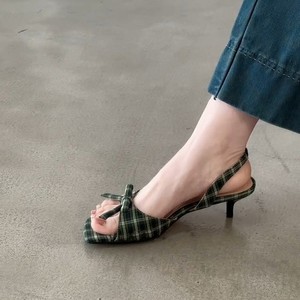 Sandales à talons à carreaux, bout ouvert, talon bas et fin, avec nœud décoratif, bride arrière, à enfiler, élégantes, tendance, pour femmes - Product Image 1