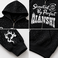 Hoodie Unisex Oversize 550 GSM Berat 100% Katun OEM Resleting Cetak Grafis Bintang Berhias Rhinestone Hip Hop Streetwear