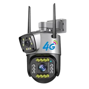 Kamera CCTV lensa ganda, kamera IP 4G WiFi 4MP 2K, kamera pengawas nirkabel luar ruangan pintar penglihatan malam V380 perbesaran Digital