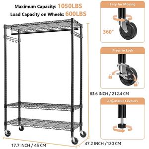 MZG Porte-vêtements moderne robuste à 3 niveaux en acier au carbone noir, sur roulettes, avec étagères métalliques réglables et crochets latéraux - Product Image 4
