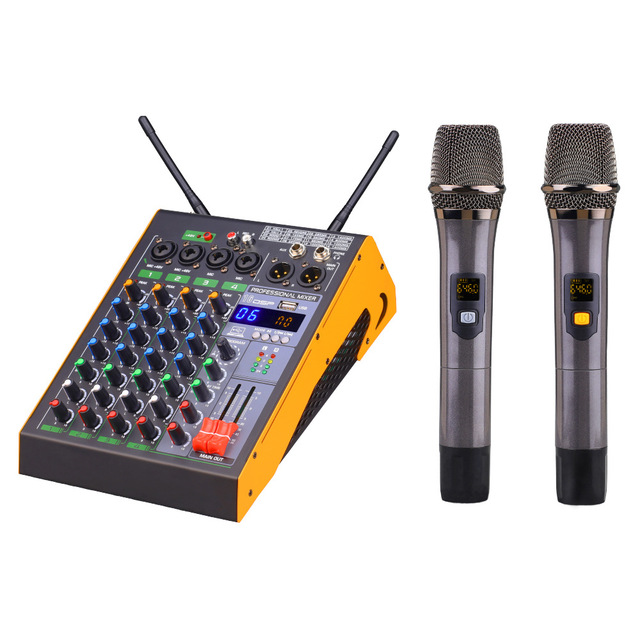 4-Channel BT Audio Mixer Console with Dual Wireless Microphones USB Interface for Live Streaming Home KTV Karaoke