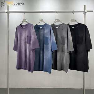 Chemise Homme Manches Courtes Tricotée Oversize Style Vintage Urbain Rétro Imprimé Poches Déchirées Effet Vieilli Lavé 100% Coton - Product Image 1