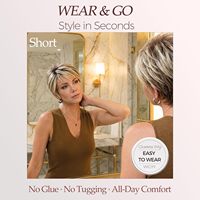 WIGYY Peluca corta tipo Pixie para mujer, color blanco, rizado, rubio ceniza, raíces oscuras, resistente al calor a alta temperatura, sintético, ligero, sin pegamento