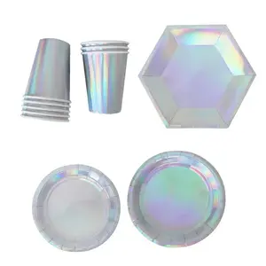 Iridescent Silver Paper Tableware set Disposable Bling Glitter Silver PInk Rainbow Decorate Party Supplies for Party