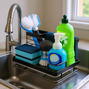 Organisateur d'évier de cuisine noir à 2 niveaux, support multifonctionnel pour éponges, pour le rangement de la cuisine - Product Image 2