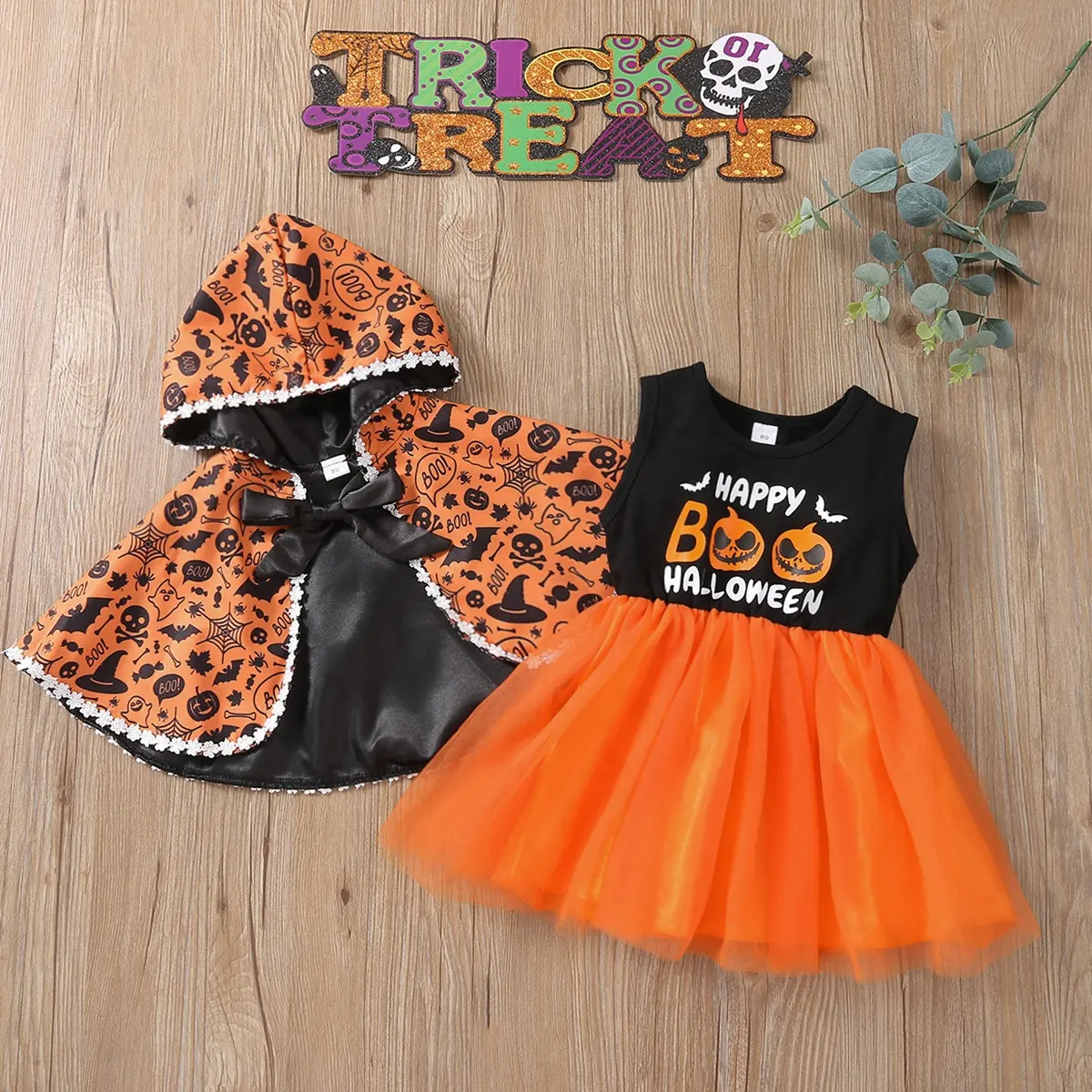 Halloween Baby Girls Costume Cosplay Clothes 2 Piece Pumpkin Ghost Cloak Sleeveless Dress Suit