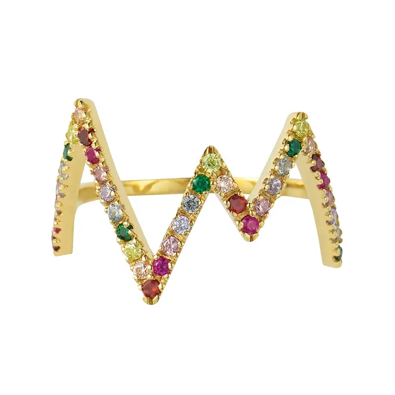 Gemnel bohemia style 925 sterling silver jewelry 18k gold rainbow cz heartbeat stackable ring