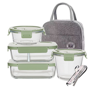 Glass Food Storage Container Set With Lid Rectangle <b>Microwave</b> Safe Travel Lunch Box Nordic <b>Green</b> Solid Color - Product Image 1