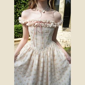 Vestido Midi Corsé Floral Estilo Cottage Core con Hombros Descubiertos, Espalda con Volantes y Lazo, Vestido de <span class=keywords><strong>Princesa</strong></span> Dulce Estilo Hada con Corte en A, Prenda Floral - Product Image 6