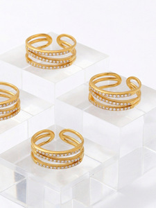 Cross Border Minimalist Design Micro Inlaid Lab Created Stones Three Layer Open Stainless Steel Gold Plated Fashion Unisex Ring - Product Image 5