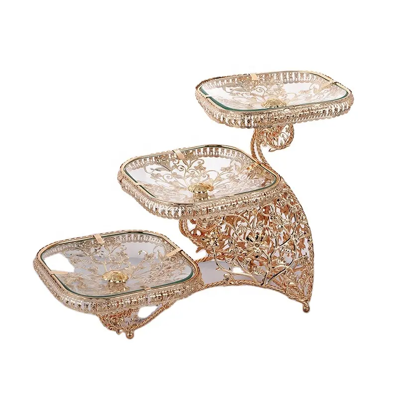 Home Decorative Golden Plated Metal iron Serving Candy Dry Fruit cake holder Wedding Deco Storage Trays with 3 glass plates