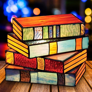 Stained Glass Stacked Books Lamp Handcrafted Glass Nightstand Desk Lamp Resin Stacked Books <b>Light</b> Desk Reading <b>Light</b> - Product Image 1