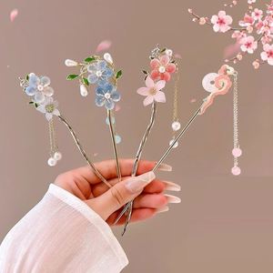Bâtonnet à cheveux rose élégant avec pompon floral, épingle à cheveux de style chinois rétro Hanfu Kanzashi pour chignon, bâtonnet à cheveux - Product Image 3