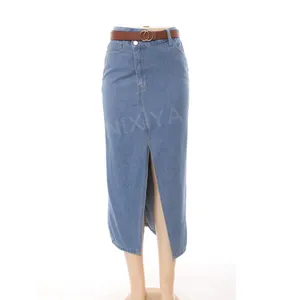 Saias jeans femininas personalizadas de verão retrô midi, bainha alta casual, saia jeans azul para mulheres, moda feminina