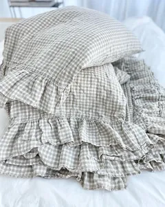 100% Linen Duvet Cover Set 3 Piece Vintage Ruffled Soft <strong>Plaid</strong> Fabric High End French Linen <strong>Bedding</strong> Hand Woven - Product Image 2