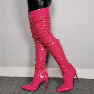Bottes hautes sexy en cuir verni couleur bonbon avec fermeture éclair arrière pour femme, talon aiguille, bout pointu, bottes longues jusqu'au cuisse, grandes tailles - Product Image 1