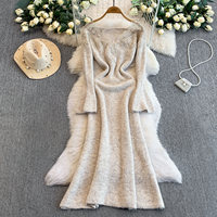Robe décontractée élégante pour femmes, en dentelle, patchwork, épaules dénudées, manches longues évasées, coupe trapèze, tricotée, pour tous les jours