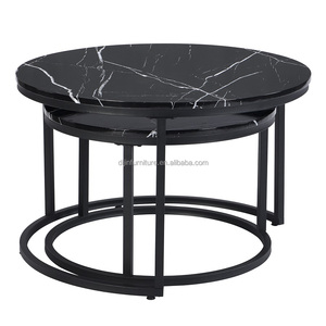 2 PC Meubles de salon ronds en faux marbre <span class=keywords><strong>Table</strong></span> <span class=keywords><strong>basse</strong></span> nid à bas prix avec métal noir/cadre <span class=keywords><strong>Table</strong></span> pour meubles d'intérieur - Product Image 3