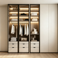 Armoire intégrée moderne sur mesure avec portes en verre, éclairage LED, 2 tiroirs, porte pleine en bois massif pour chambre et hôtel