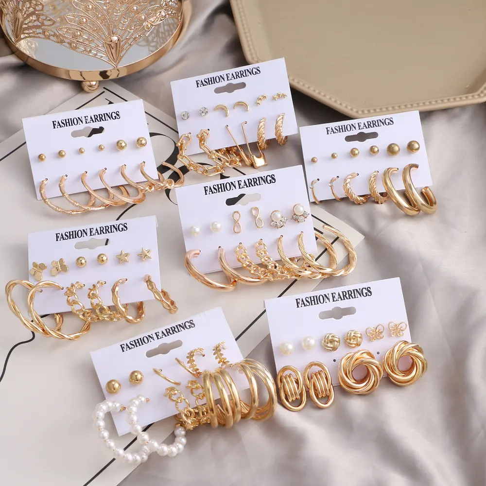 थोक फैशन 6 जोड़ी विंटेज ज्यामितीय सोने धातु कान की बाली सेट महिलाओं के लिए मोती झुमके