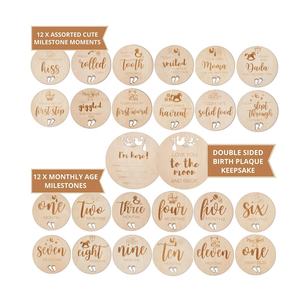 Cartes de développement mensuel pour bébé en <span class=keywords><strong>bois</strong></span> écologiques - 24 designs uniques ronds recto-verso avec panneau d'annonce de naissance - Product Image 1