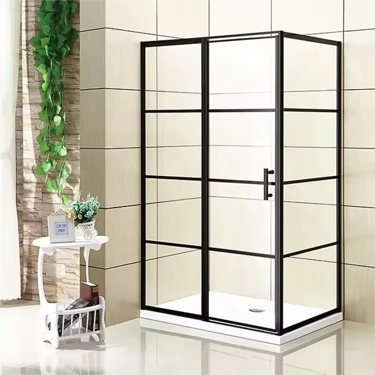 Matte Black Stainless Steel Framed Tempered Glass Rectangle Shape Bathroom Pivot Hinged Shower Door With Handle