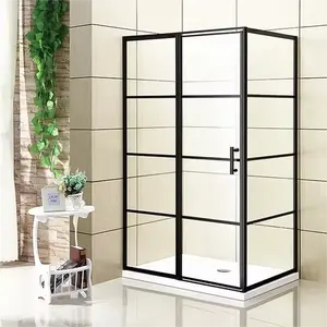 哑光黑色不锈钢框架钢化玻璃矩形浴室枢轴铰链淋浴门带把手