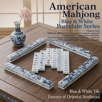 Ensemble de Mahjong traditionnel chinois bleu et blanc en mélamine Zoe, avec tapis de table souple antidérapant pour la maison, en carton, prêt à l'emploi