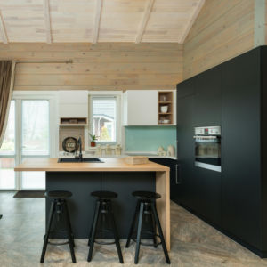 Hoogglans moderne milieuvriendelijke keukenkast met kraan en lade met mandje, blauw industrieel design - Product Image 1