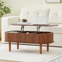 Table basse ovale extensible moderne AJUNION en bois massif avec 3 compartiments de rangement pour salon - Vente en gros
