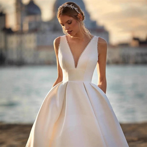 Vestido de Novia, Vestido de Novia Blanco sin Espalda, Satén Simple, Tela de Encaje para Vestido de Novia - Product Image 3